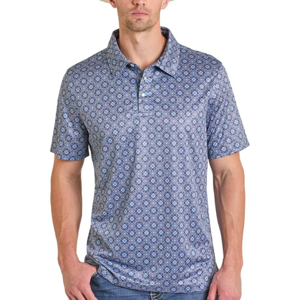 Panhandle Slim Mens Geometrical Medallion Performance Polo Shirt Blue - TM51T08220-42