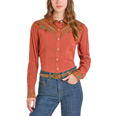 Panhandle Slim Womens Long Sleeve Aztec Blouse Rust