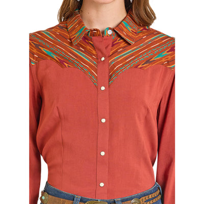 Panhandle Slim Womens Long Sleeve Aztec Blouse Rust