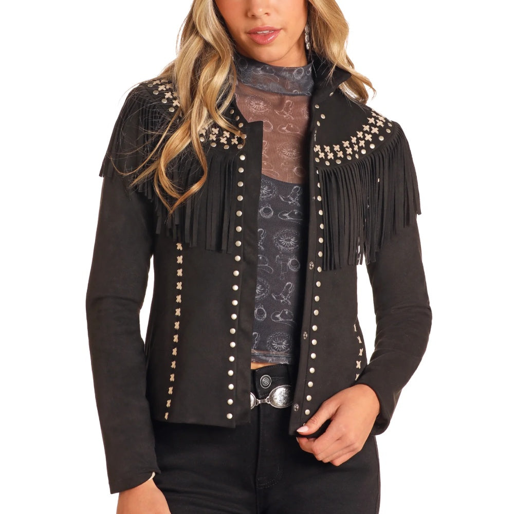 Powder River Womens Black Suede Fringe Jacket