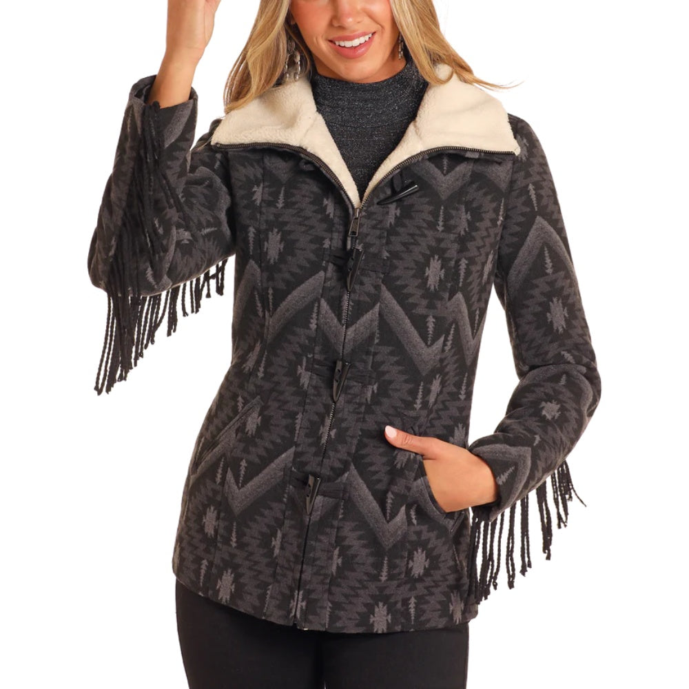 Powder River Womens Fringe Aztec Jacquard Coat 