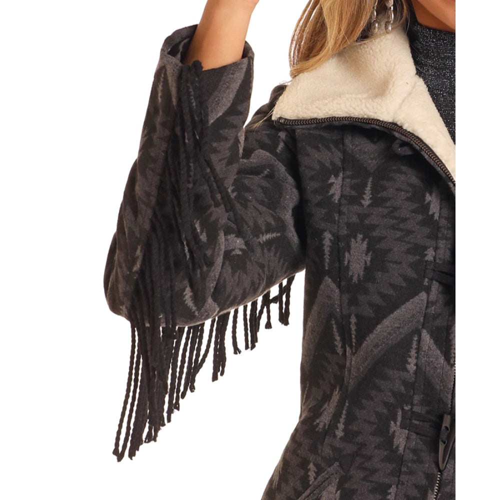 Powder River Womens Fringe Aztec Jacquard Coat - DW92C04060-01