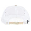 White mesh cap with beige brim and logo on a white background