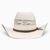 White cowboy hat with a braided band on a white background