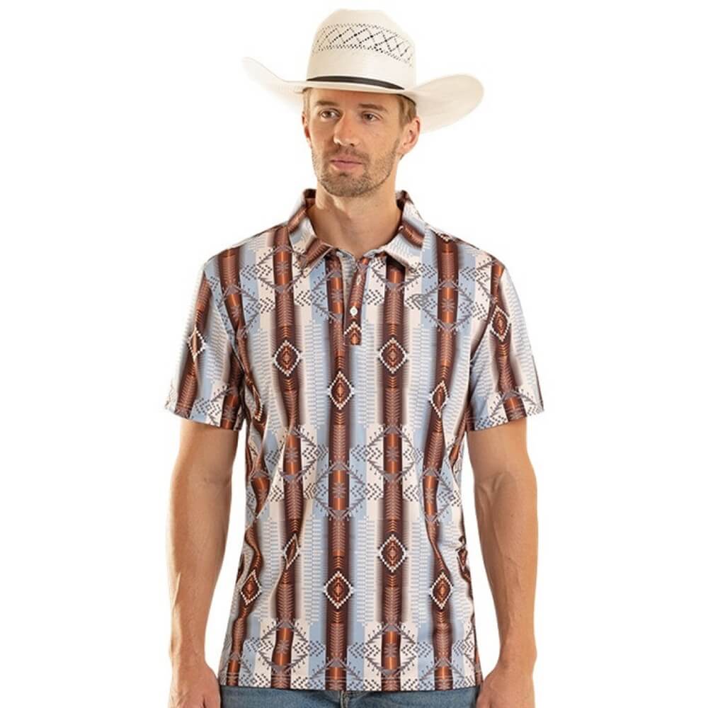 Rock & Roll Mens Aztec Print Polo Shirt Blue/Brown - BM51T08723-45