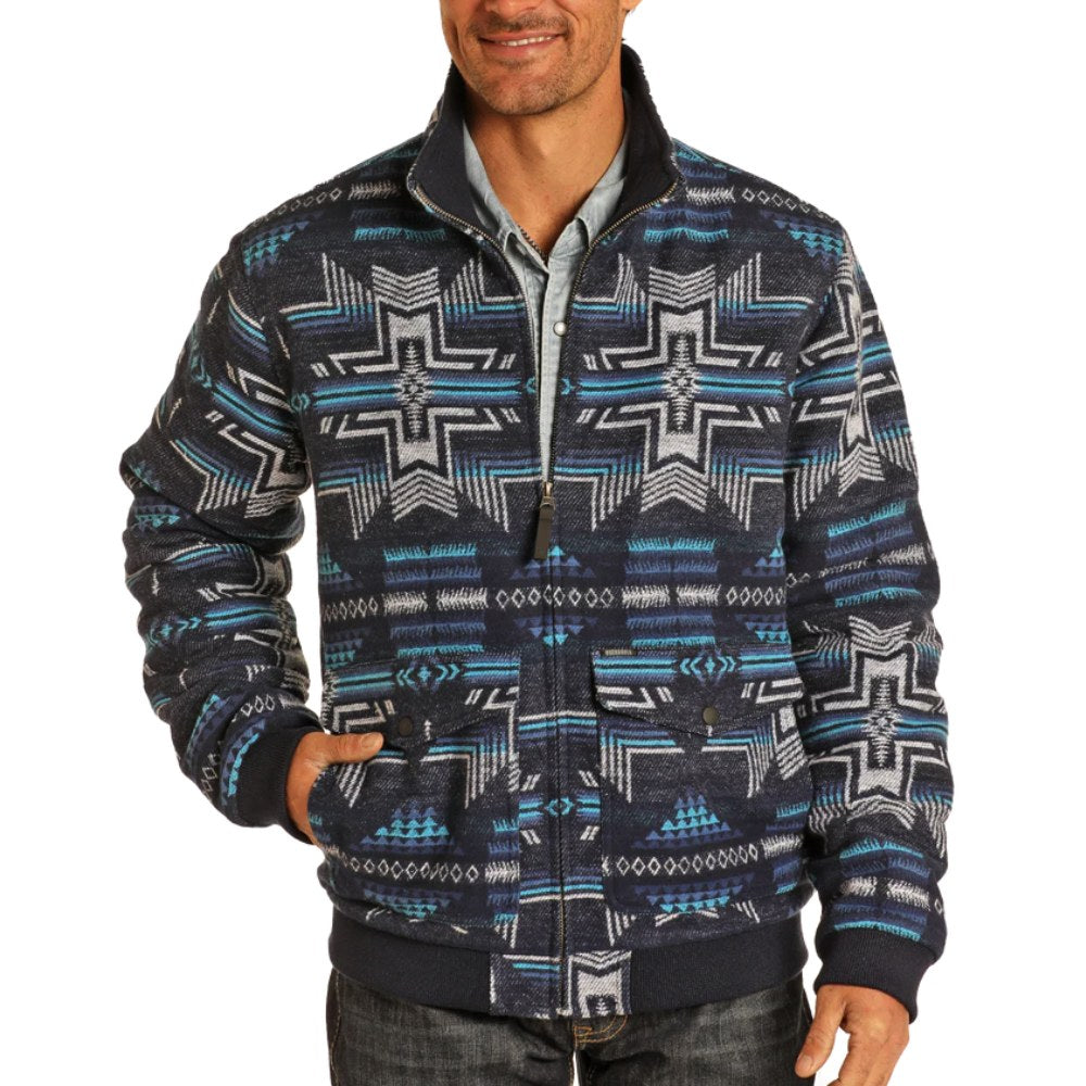 Rock & Roll Mens Blue Aztec Jacquard Bomber Jacket