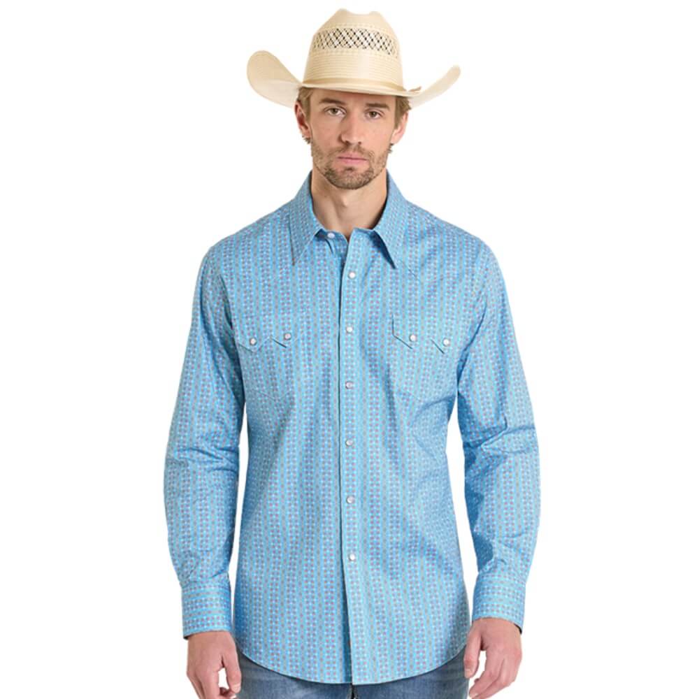 Rock & Roll Mens Geometric Print Snap Shirt Aqua - BMN2S08326-38