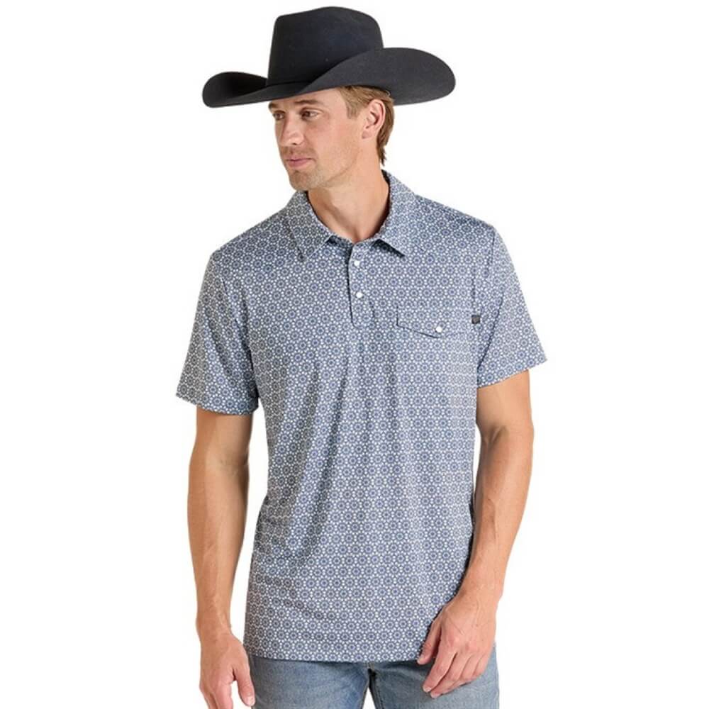 Rock & Roll Mens Medallion Print Polo Shirt Baby Blue - BM51T09595-49