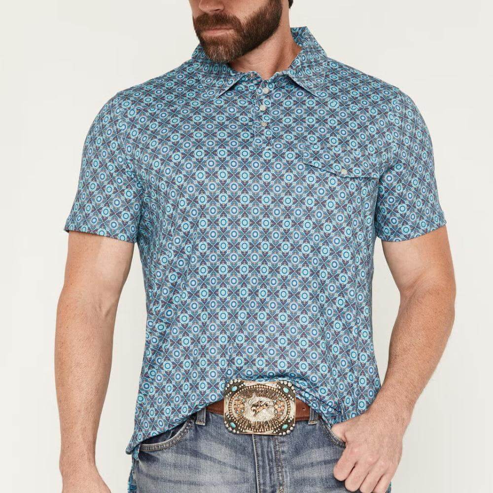 Rock & Roll Mens Medallion Print Polo Shirt Blue - BM51T09056-86