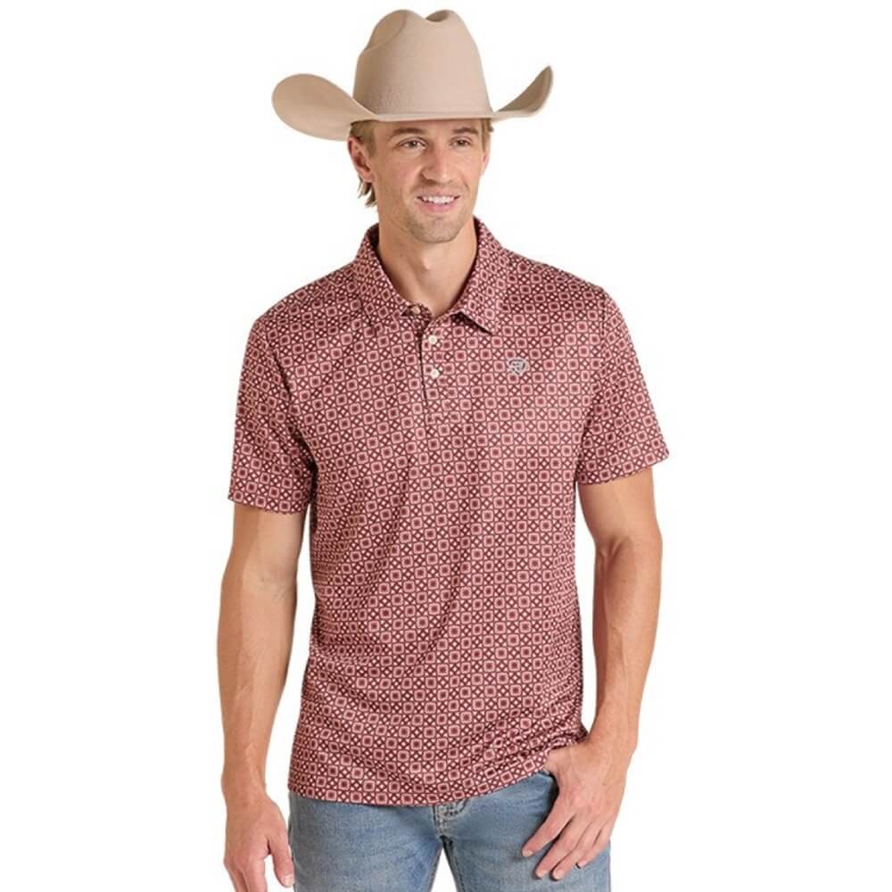 Rock & Roll Mens Medallion Print Polo Shirt Maroon - BM51T09597-60