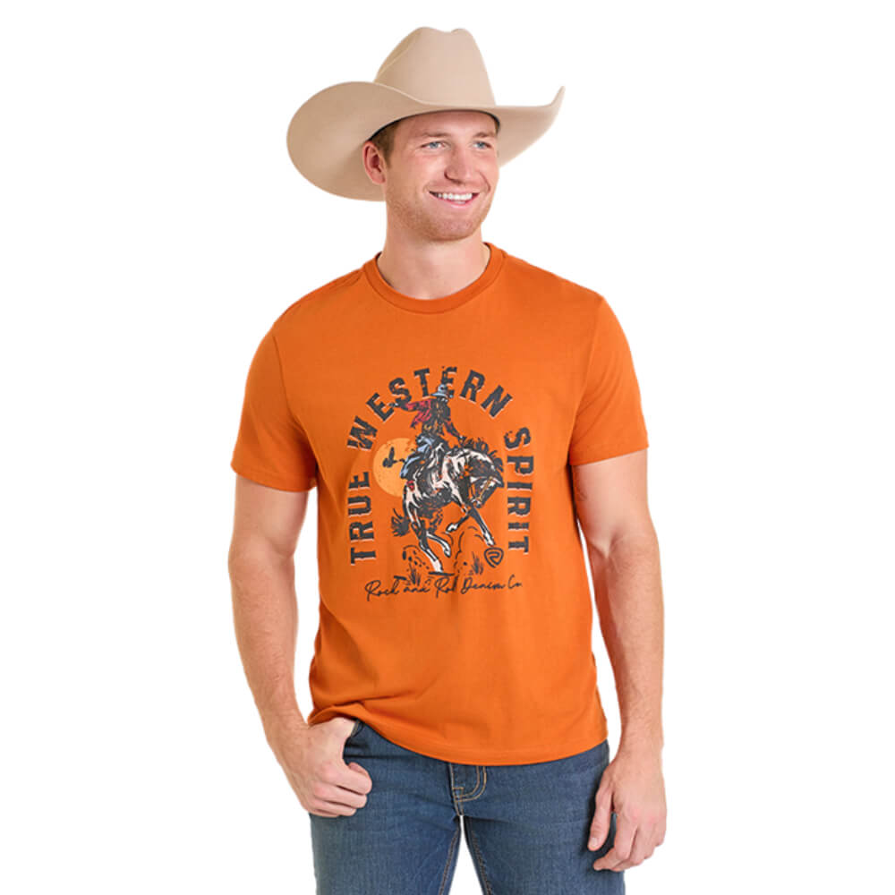 Rock & Roll Mens Short Sleeve Bronco Rider Graphic T-Shirt Orange