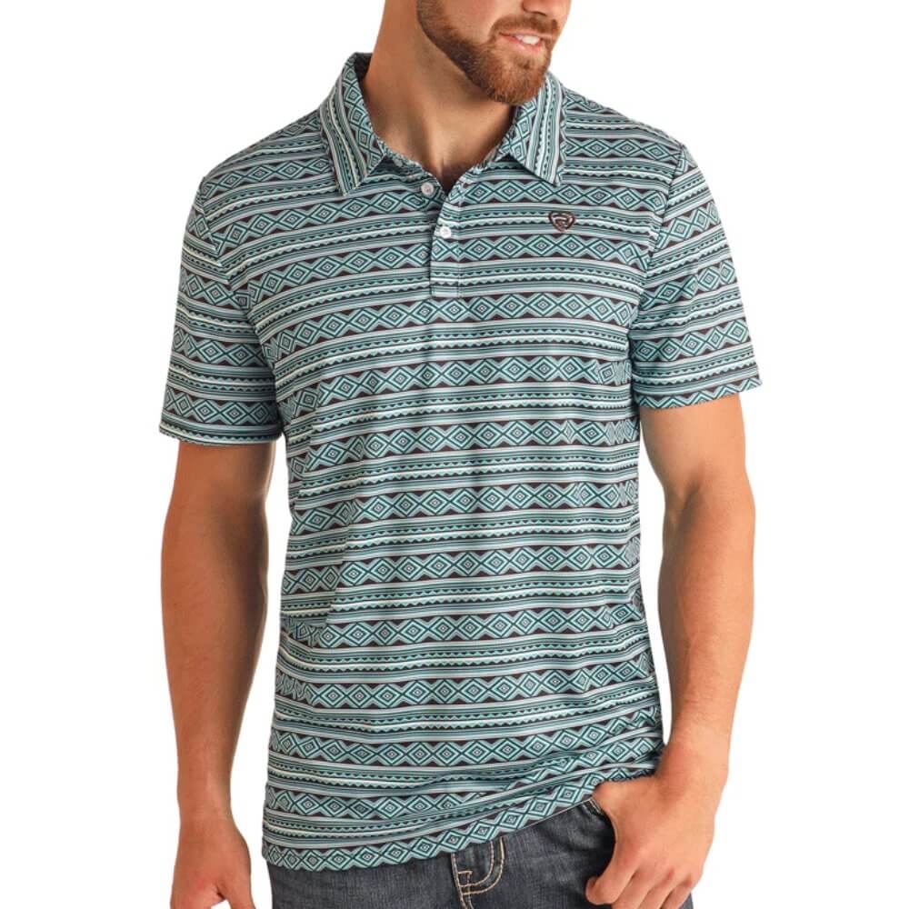 Rock & Roll Mens Teal Aztec Print Polo Shirt