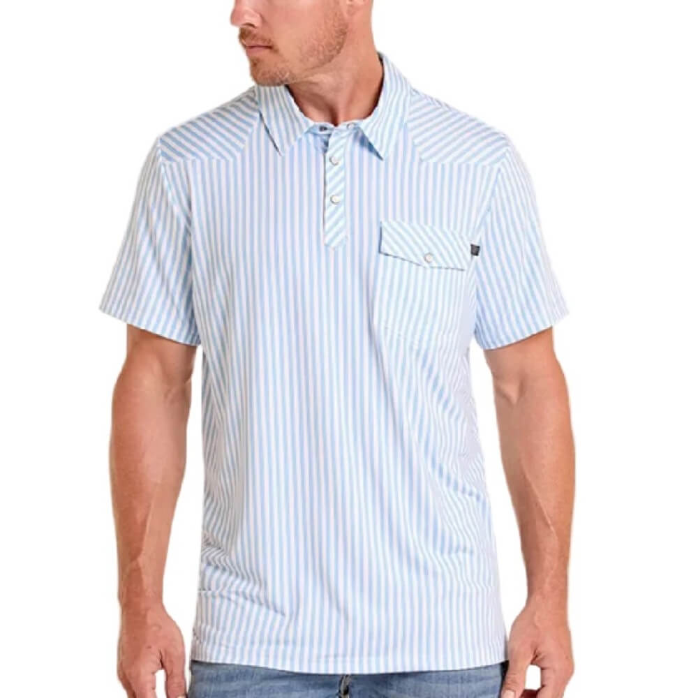 Rock & Roll Mens Western Stripe Polo Shirt White/Blue - BM51T09059-15