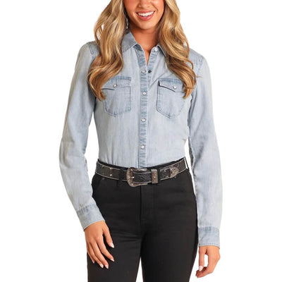 Rock & Roll Womens Denim Snap Shirt Light Wash - BWN2S03701-45