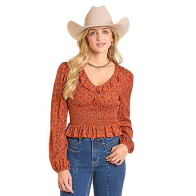 Rock & Roll Womens Long Sleeve Smocked Bodice Blouse Rust 