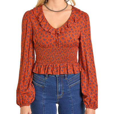 Rock & Roll Womens Long Sleeve Smocked Bodice Blouse Rust 