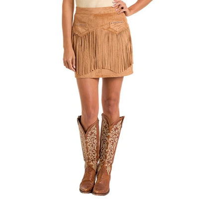 Rock & Roll Womens Microsuede Fringe Skirt Camel 