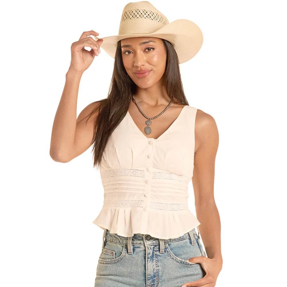 Rock & Roll Womens White Eyelet Inset Blouse Cream - BW20T08773-12