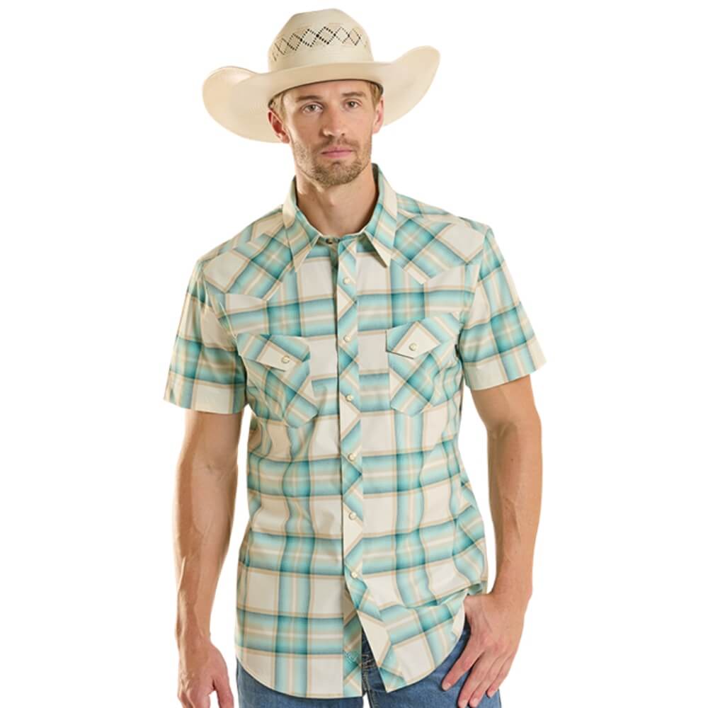 Rock & Roll Yarn Dye Plaid Short Sleeve Snap Shirt Teal - BMN3S08651-81