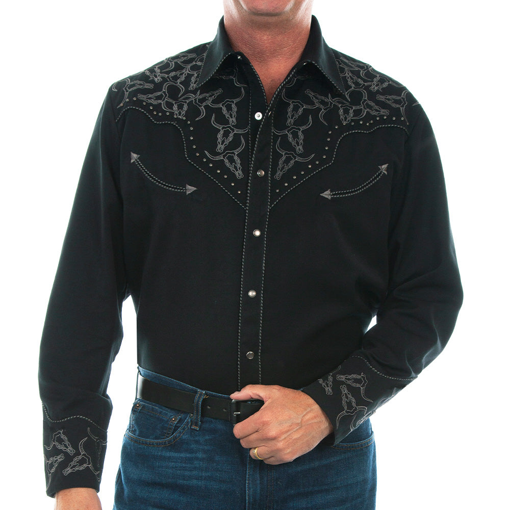 Scully Mens Black Embroidered Bull Skull Shirt - P-912