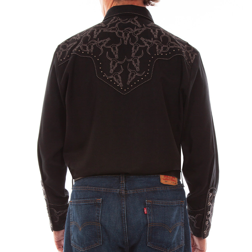 Scully Mens Black Embroidered Bull Skull Shirt - P-912