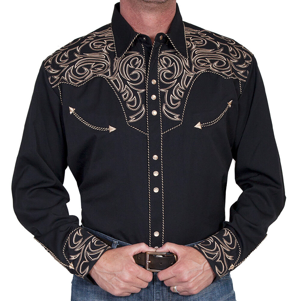 Scully Mens Long Sleeve Embroidered Scroll Pearl Snap Shirt Black - P-852