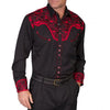Black shirt with red embroidery on a white background