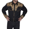 Black and gold embroidered shirt worn by a person on a white background