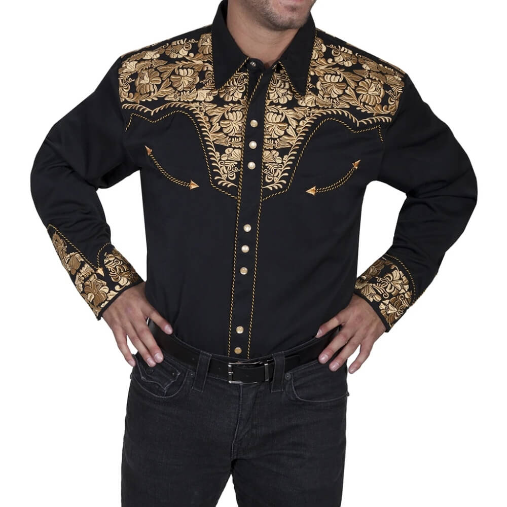 Black and gold embroidered shirt worn by a person on a white background