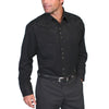 Man wearing a black embroidered shirt and pants on a white background