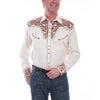 Man wearing a white western-style shirt with brown embroidery on a white background