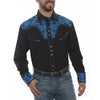 Man wearing a black western-style shirt with blue embroidery on a white background