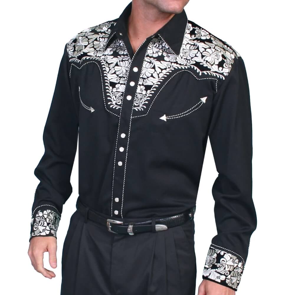 Black western-style shirt with white embroidery on a white background