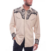 Beige western-style shirt with black embroidery on a white background