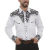 Man wearing a white shirt with black floral embroidery on a white background