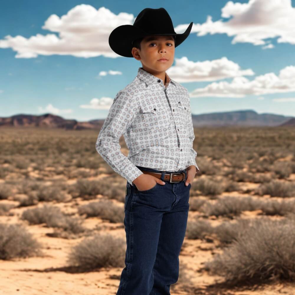 Starr Boys Printed Snap Long Sleeve Shirt White