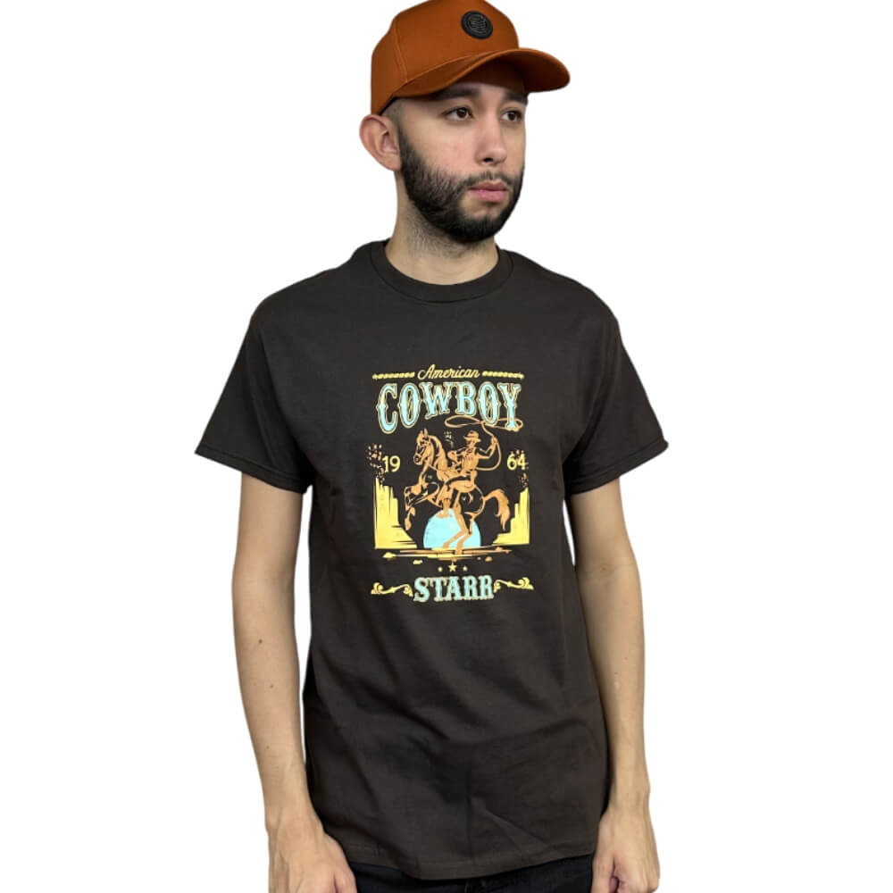 Starr Mens American Cowboy Graphic Short Sleeve T-Shirt Brown - AMCOWBOYBR