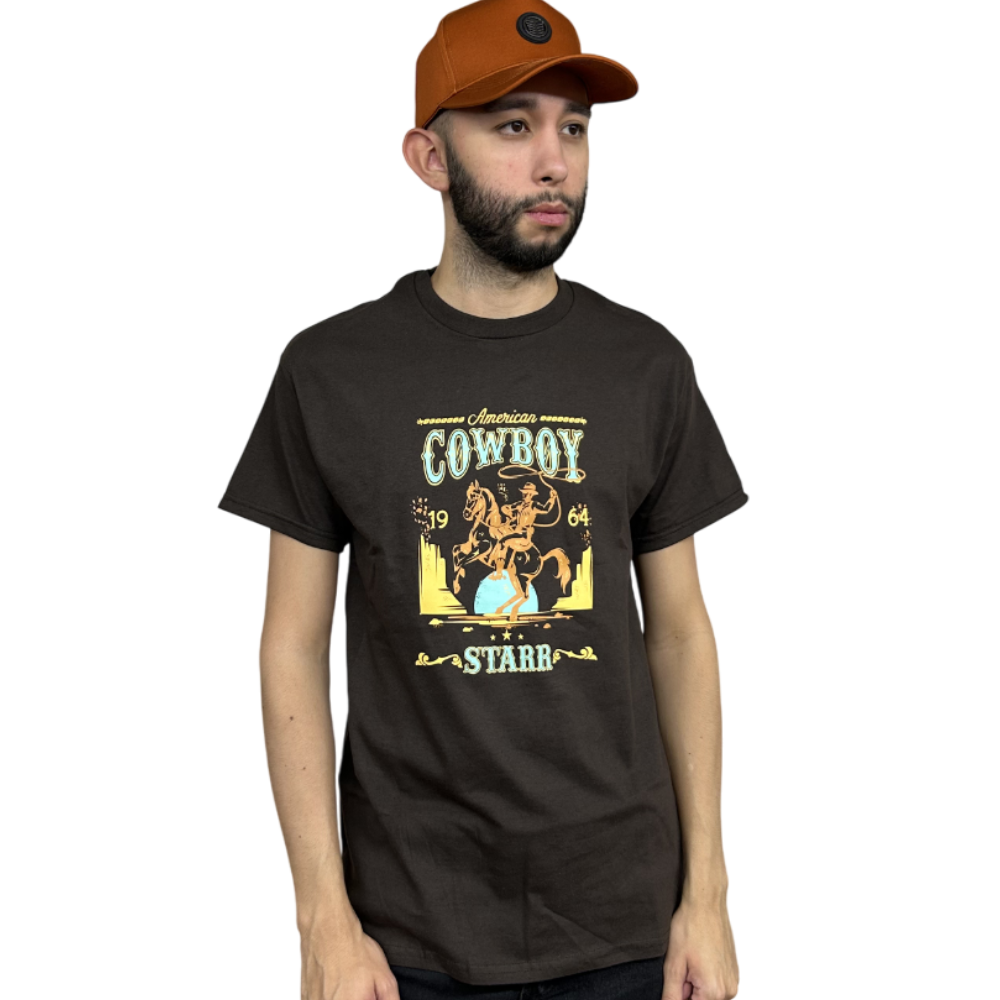 Starr Mens American Cowboy Graphic Short Sleeve T-Shirt Brown - AMCOWBOYBR
