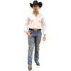 Man wearing a white shirt, blue jeans, and a black cowboy hat on a white background