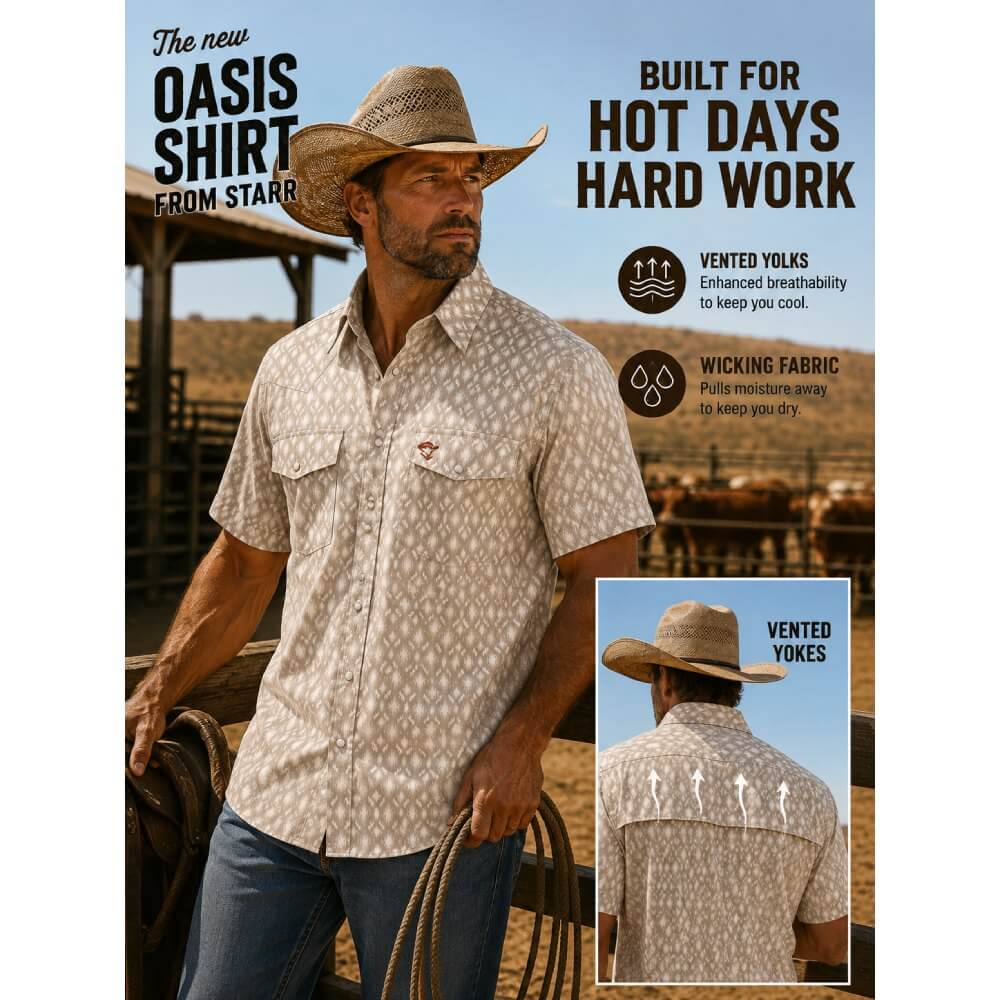 Starr Mens Oasis Vented Snap Short Sleeve Shirt Beige/Aztec - T01648-BEAZT