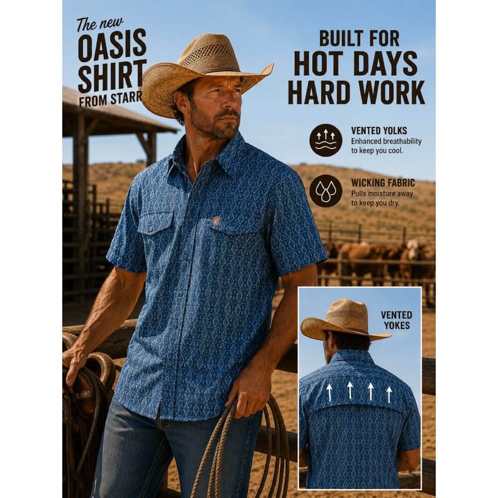 Starr Mens Oasis Vented Snap Short Sleeve Shirt Blue/Aztec - T01648-BLAZT