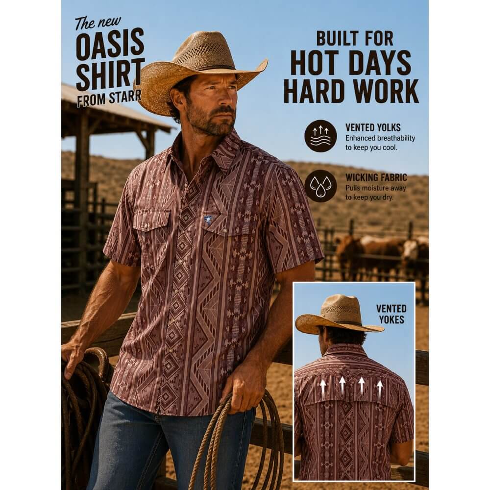 Starr Mens Oasis Vented Snap Short Sleeve Shirt Brown/Aztec - T01648-BRAZT