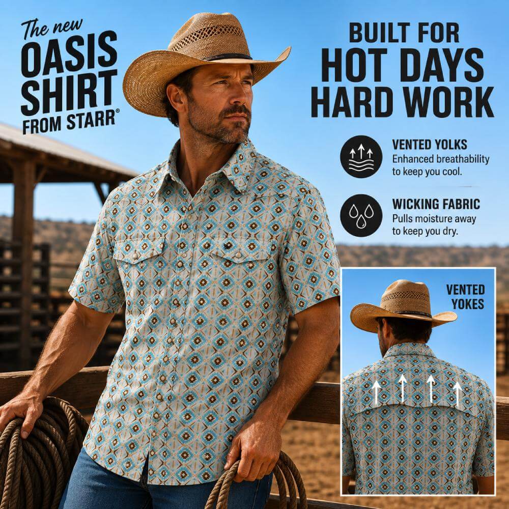 Starr Mens Oasis Vented Snap Short Sleeve Shirt Khaki/Blue - T01648-KHABL