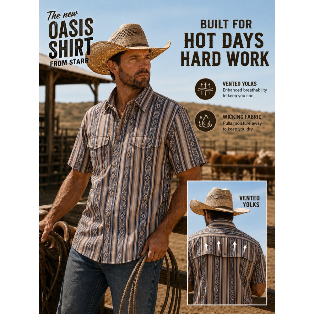 Starr Mens Oasis Vented Snap Short Sleeve Shirt - T01648-AZT