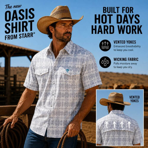 Starr Mens Oasis Vented Snap Short Sleeve Shirt White/Grey - T01648-WHTGRY