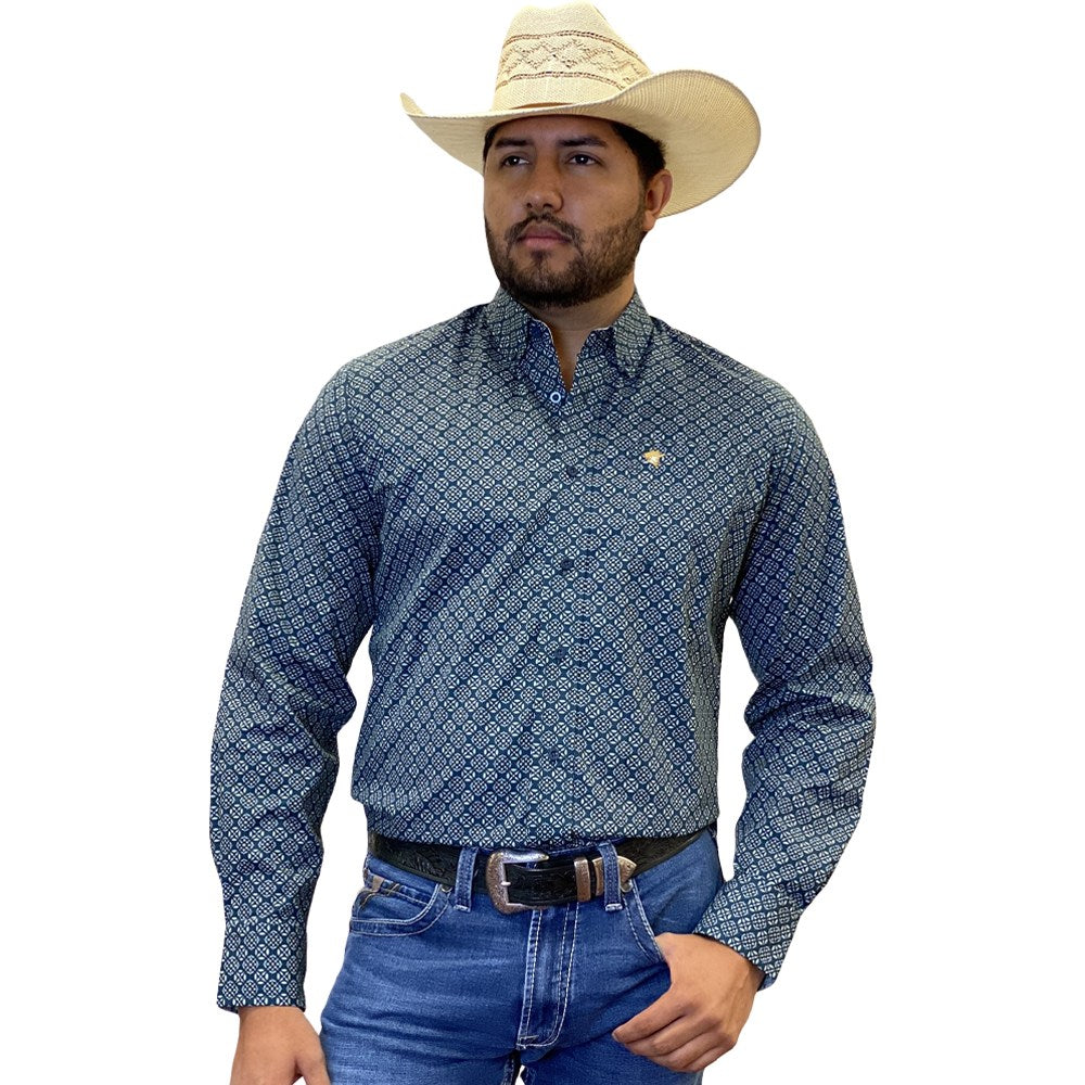 Starr Mens Printed Button Down Long Sleeve Shirt Blue Geo - SWPTBLS-394