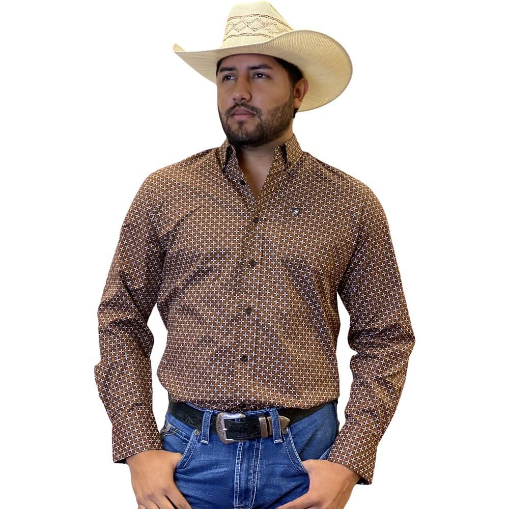 Starr Mens Printed Button Down Long Sleeve Shirt Brown - SWPTBLS-386