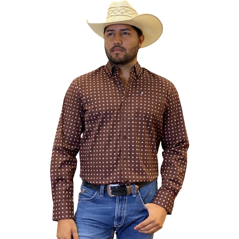 Starr Mens Printed Button Down Long Sleeve Shirt Dark Brown Geo - SWPTBLS-388