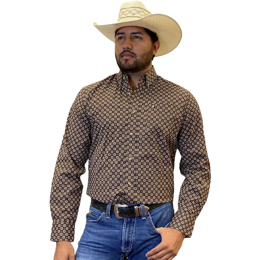 Starr Mens Printed Button Down Long Sleeve Shirt Geo Brown - SWPTBLS-390