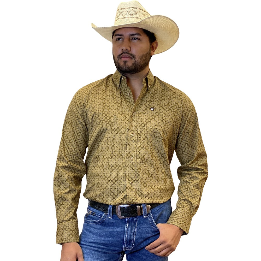Starr Mens Printed Button Down Long Sleeve Shirt Mustard - SWPTBLS-391